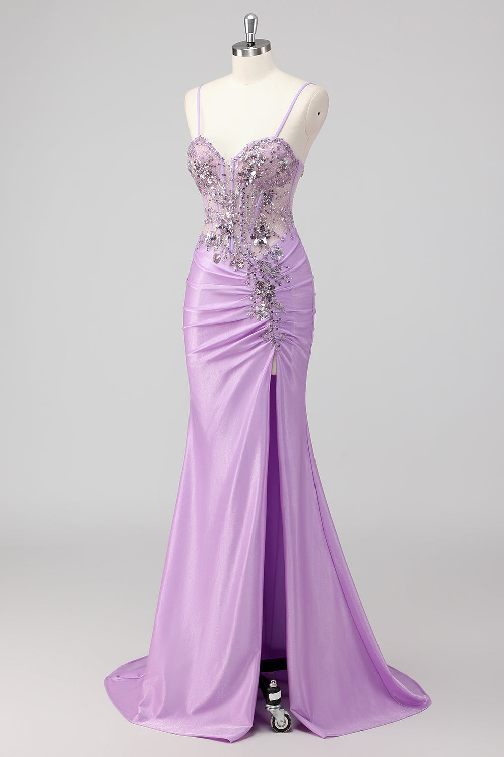 Robe de bal longue sirène bleu marine pailletée avec corset froncé et fente