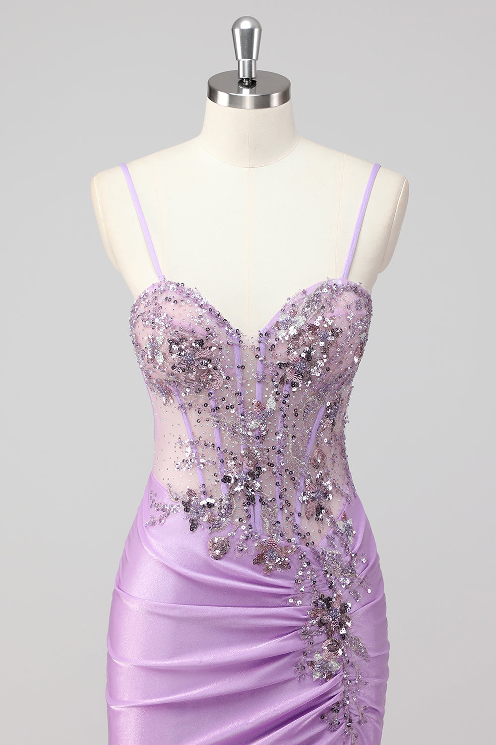 Robe de bal longue sirène bleu marine pailletée avec corset froncé et fente