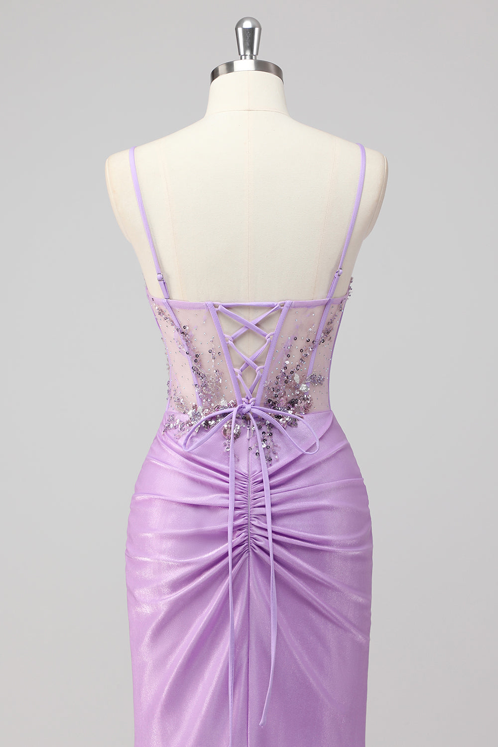 Robe de bal longue sirène bleu marine pailletée avec corset froncé et fente