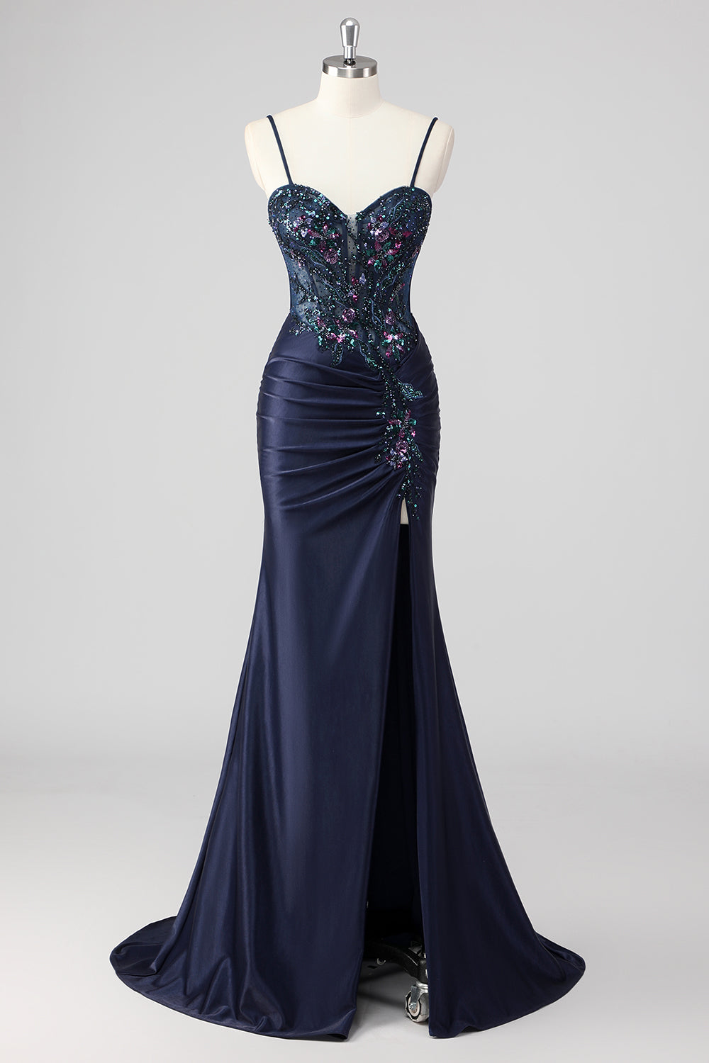 Robe de bal longue sirène bleu marine pailletée avec corset froncé et fente