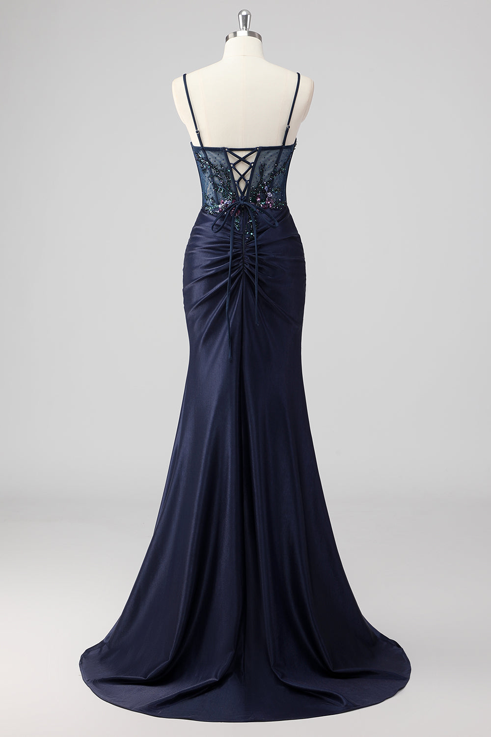 Robe de bal longue sirène bleu marine pailletée avec corset froncé et fente