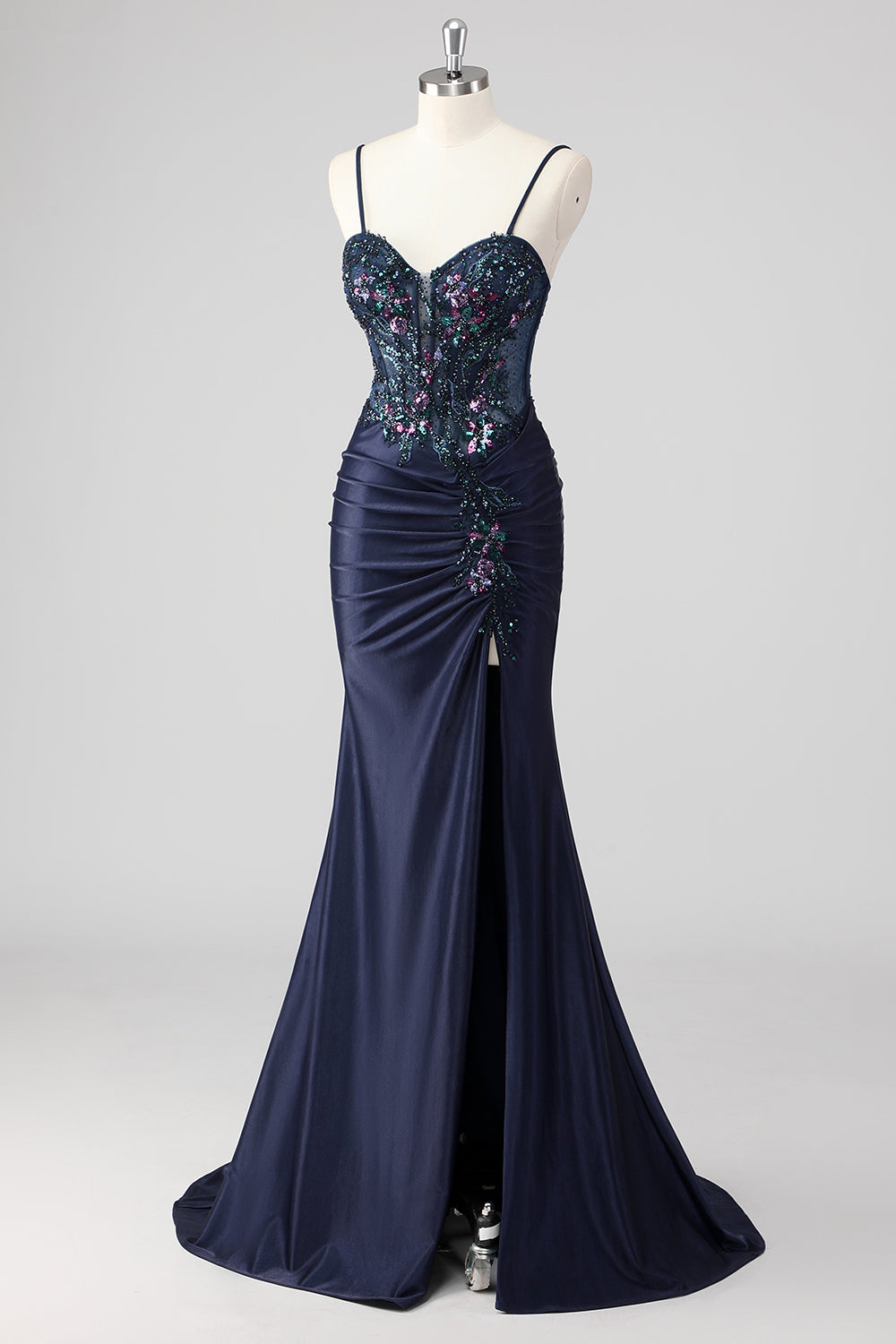 Robe de bal longue sirène bleu marine pailletée avec corset froncé et fente
