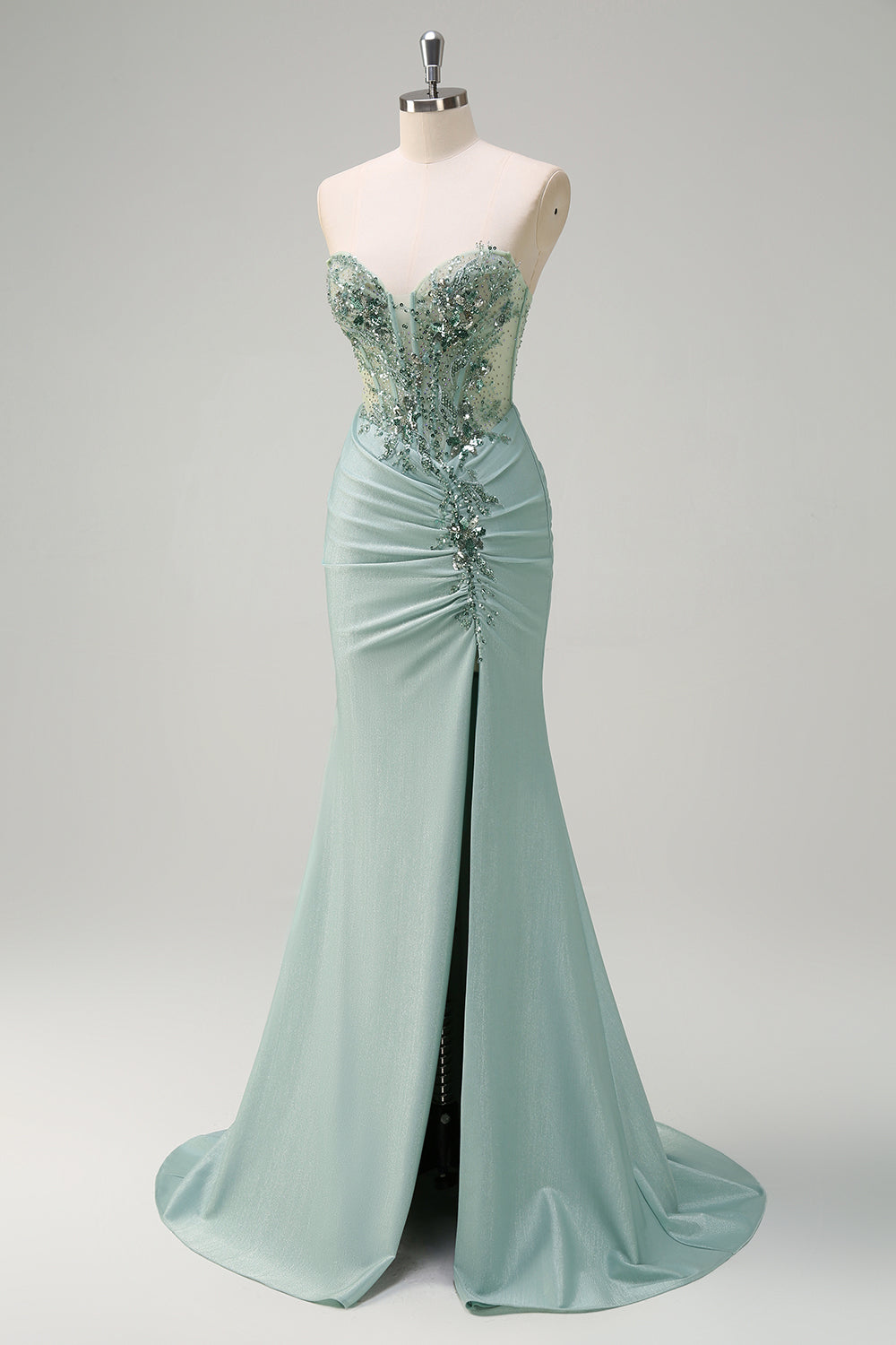 Robe de bal longue sirène bleu marine pailletée avec corset froncé et fente
