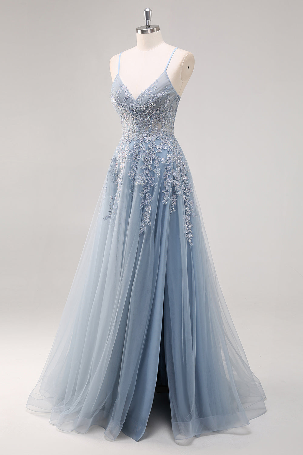 Lavender A Line Spaghetti Straps Tulle Beaded Long Prom Dress with Slit