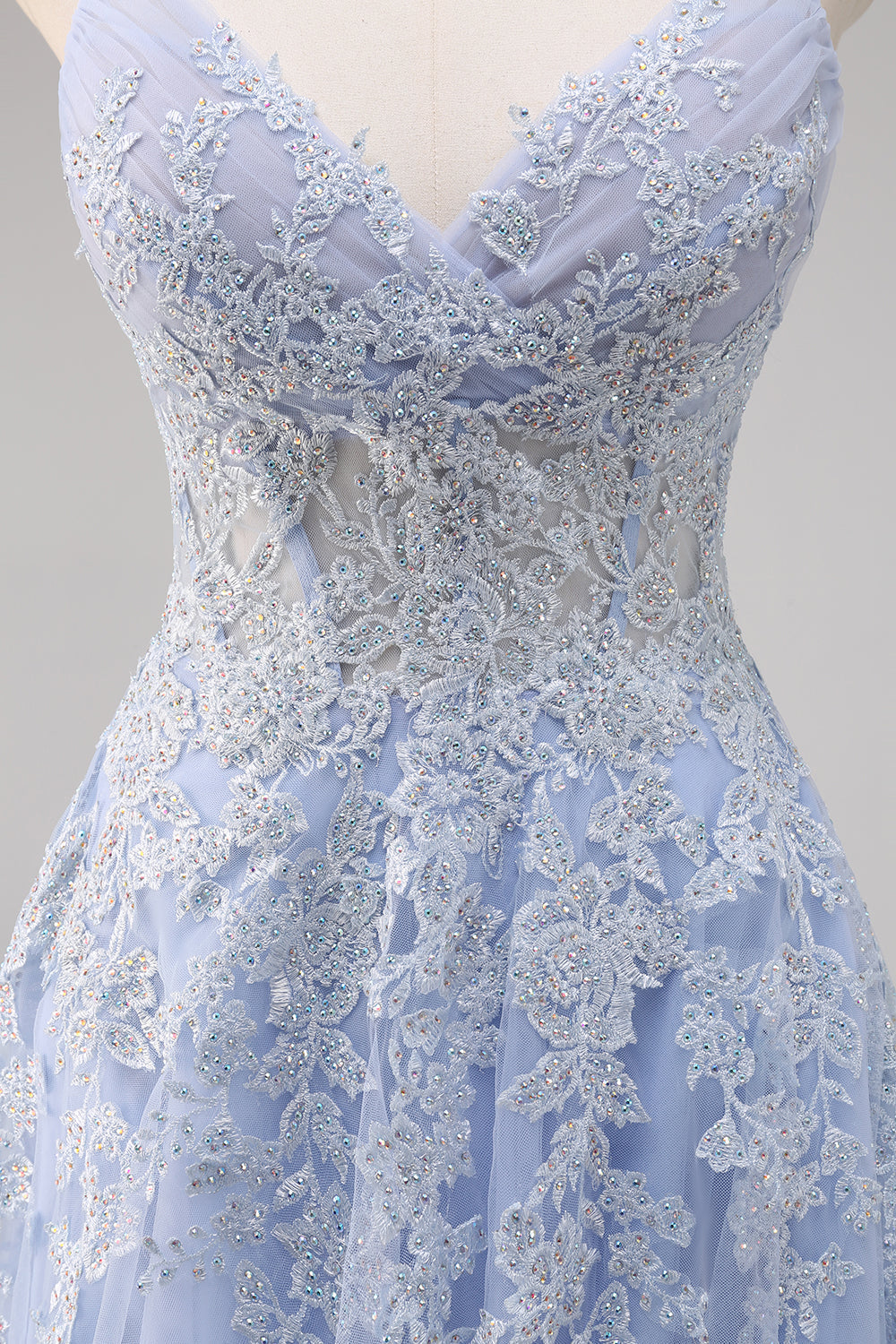 Lavender A Line Spaghetti Straps Tulle Beaded Long Prom Dress with Slit