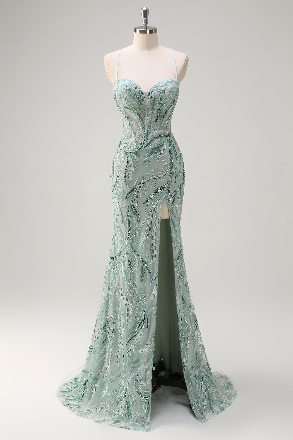 Vestido de Graduación Largo Sirena Verde Salvia Brillante con Lentejuelas, Cuentas, Tirantes Finos y Abertura
