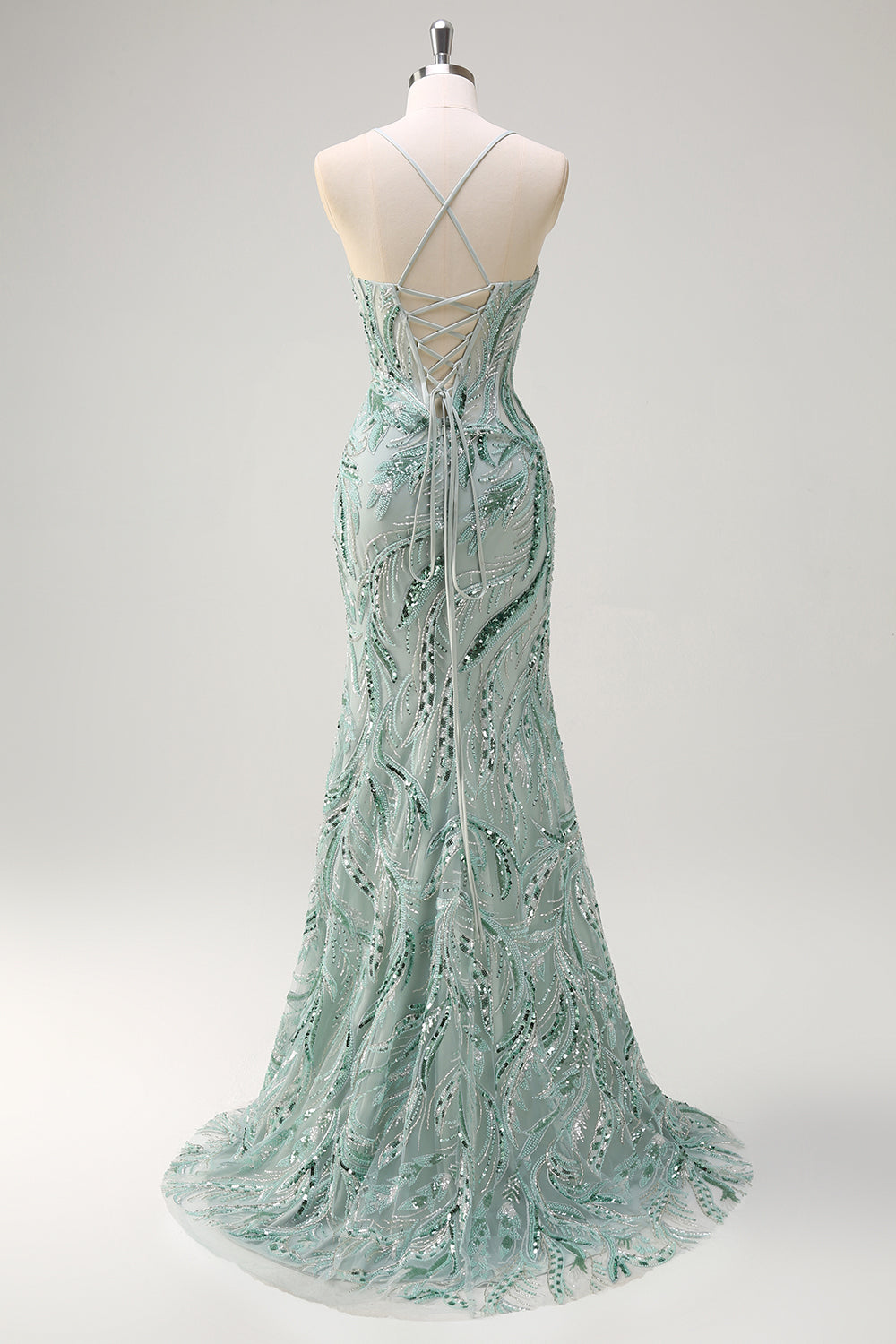 Vestido de Graduación Largo Sirena Verde Salvia Brillante con Lentejuelas, Cuentas, Tirantes Finos y Abertura