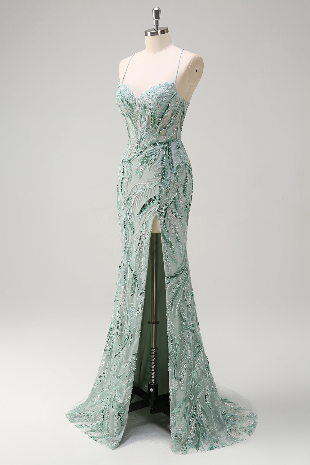 Vestido de Graduación Largo Sirena Verde Salvia Brillante con Lentejuelas, Cuentas, Tirantes Finos y Abertura