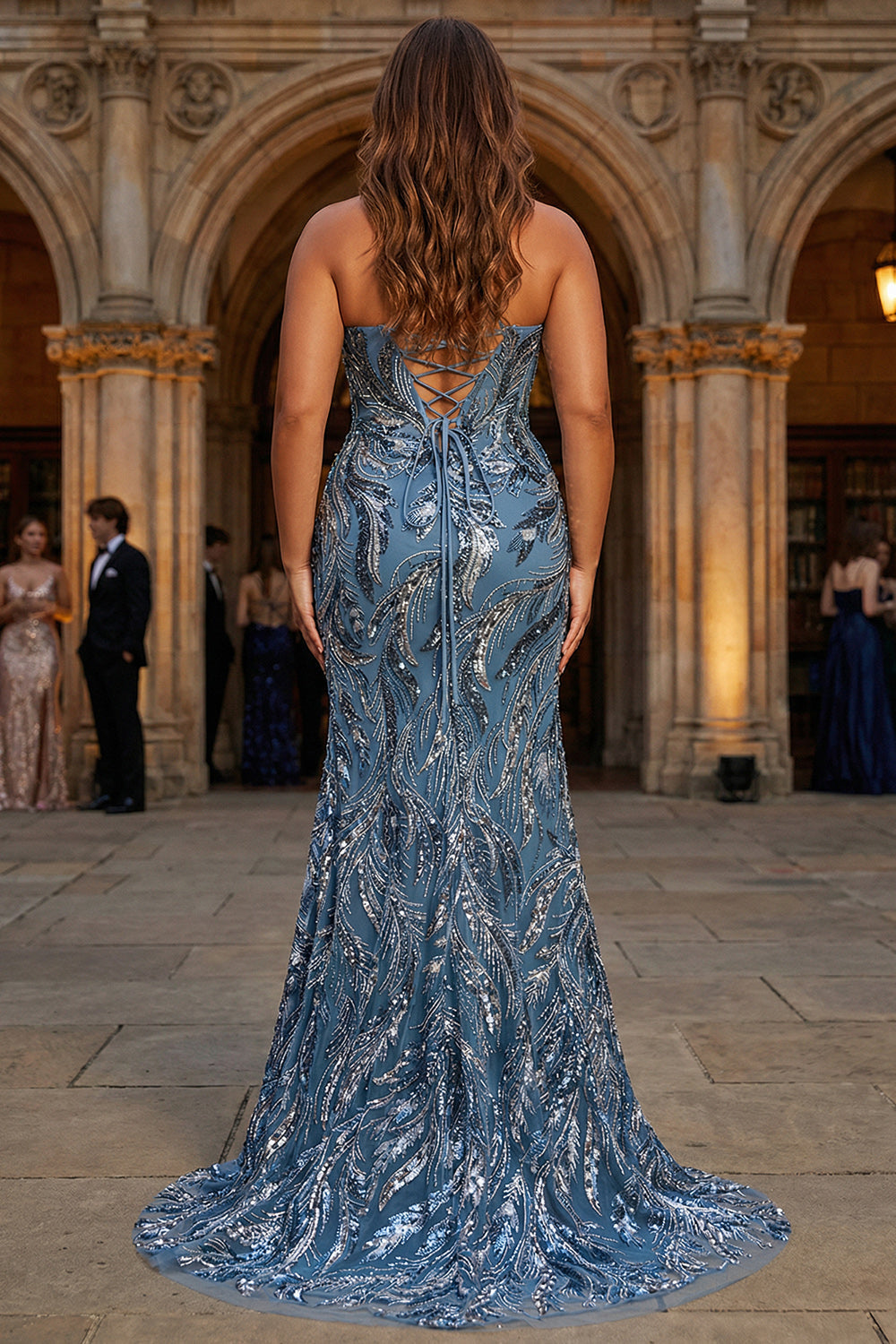 Sparkly Mermaid Twilight Sequins Lace Up Back Long Plus Size Prom Dress with Slit