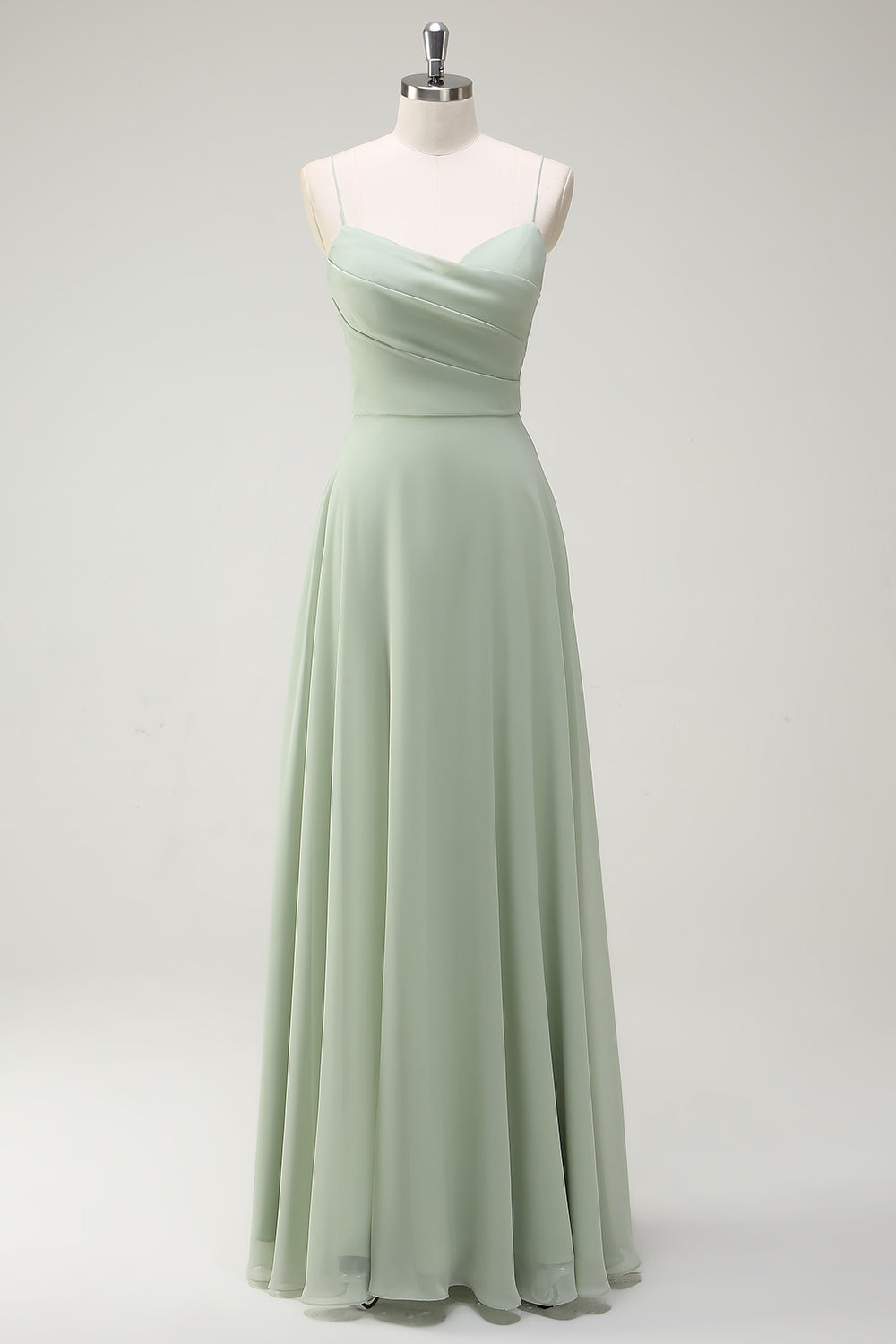 Dusty Sage A-Line Chiffon Spaghetti Straps Long Bridesmaid Dress