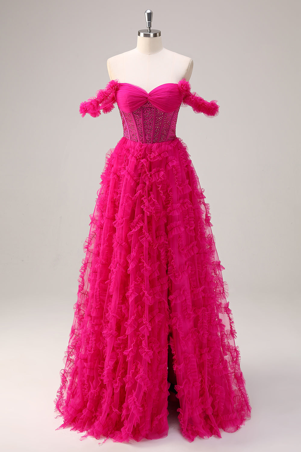 Fuchsia Tiered A-Line Off-the-Shoulder Long Corset Prom Dress with Beading