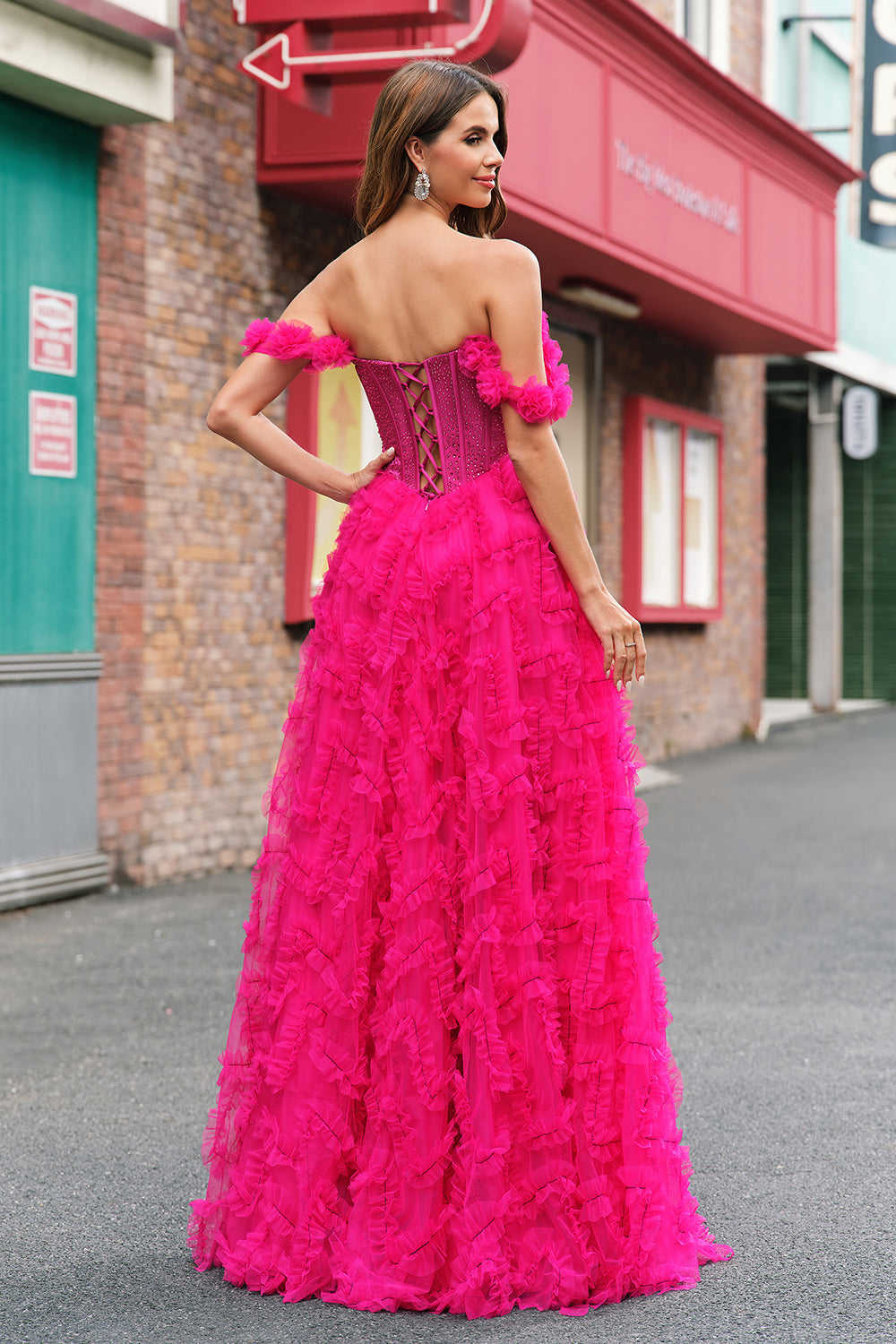 Fuchsia Tiered A-Line Off-the-Shoulder Long Corset Prom Dress with Beading
