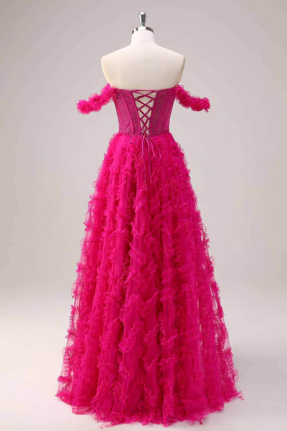 Fuchsia Tiered A-Line Off-the-Shoulder Long Corset Prom Dress with Beading