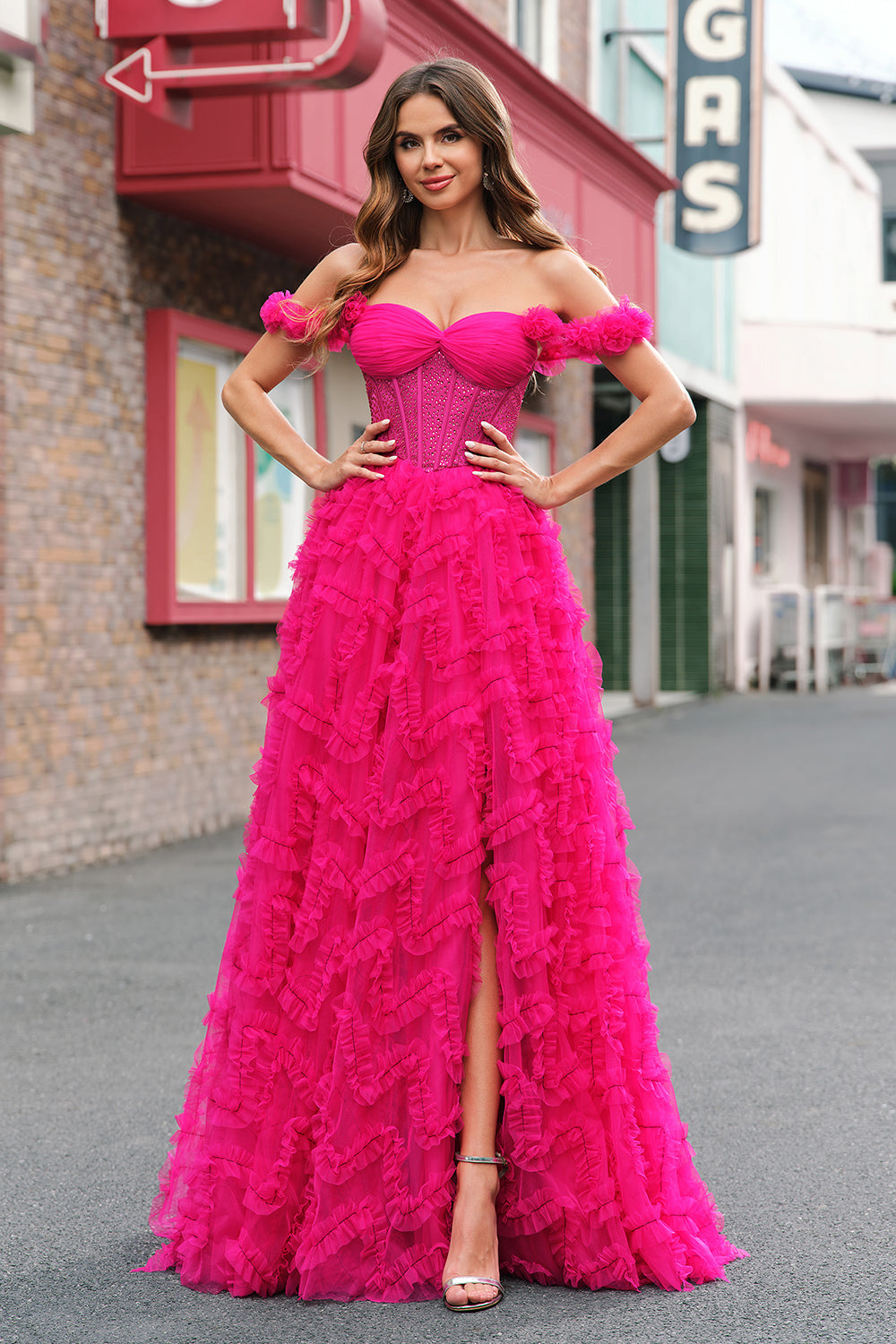 Fuchsia Tiered A-Line Off-the-Shoulder Long Corset Prom Dress with Beading