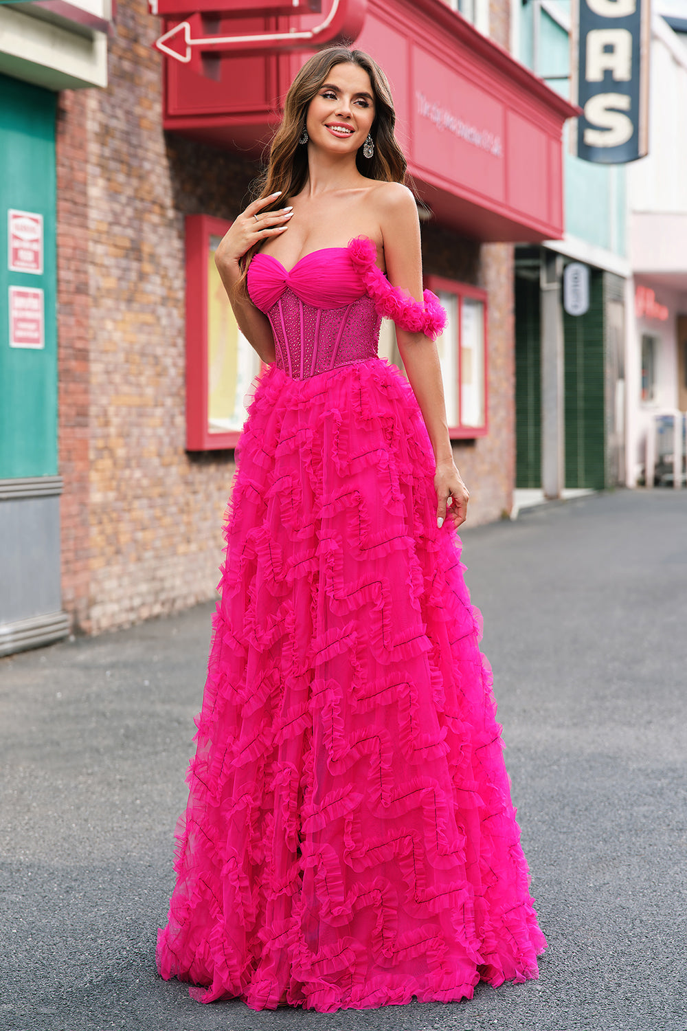 Fuchsia Tiered A-Line Off-the-Shoulder Long Corset Prom Dress with Beading