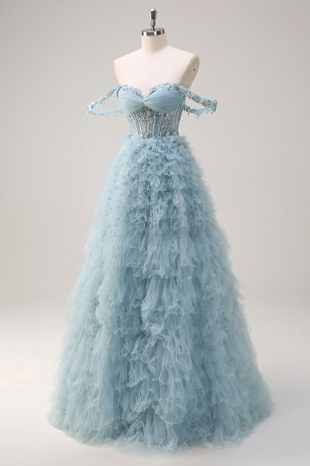 Dusty Blue Princess Off-the-Shoulder Sheer Corset Long Prom Dress with Ruffles