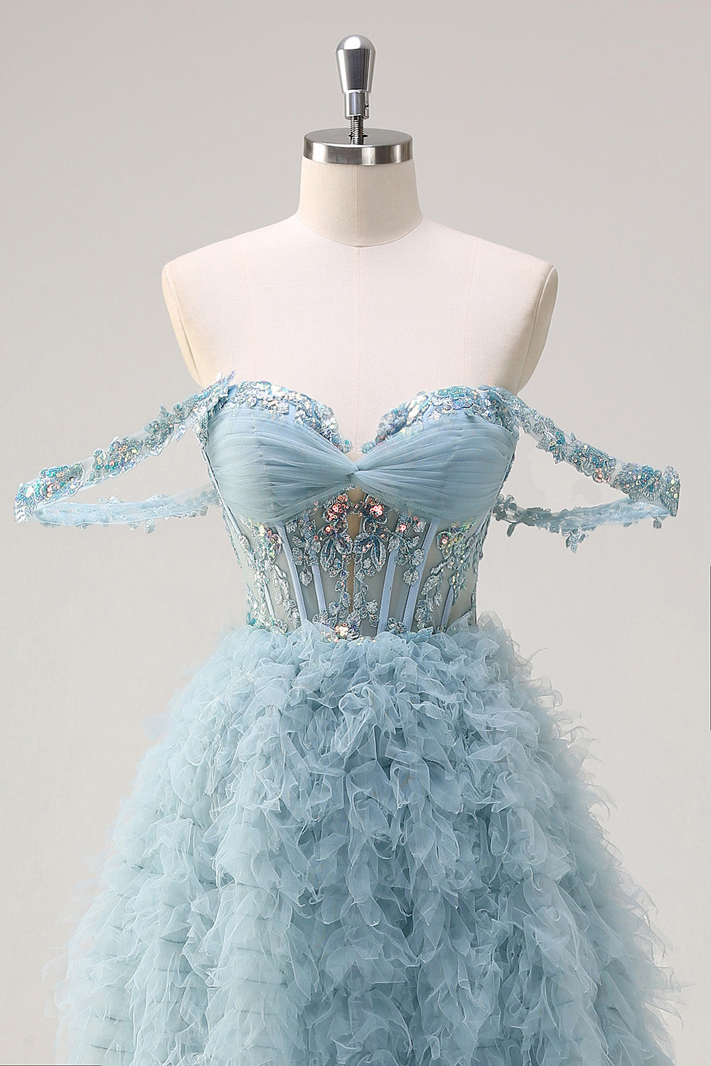 Dusty Blue Princess Off-the-Shoulder Sheer Corset Long Prom Dress with Ruffles