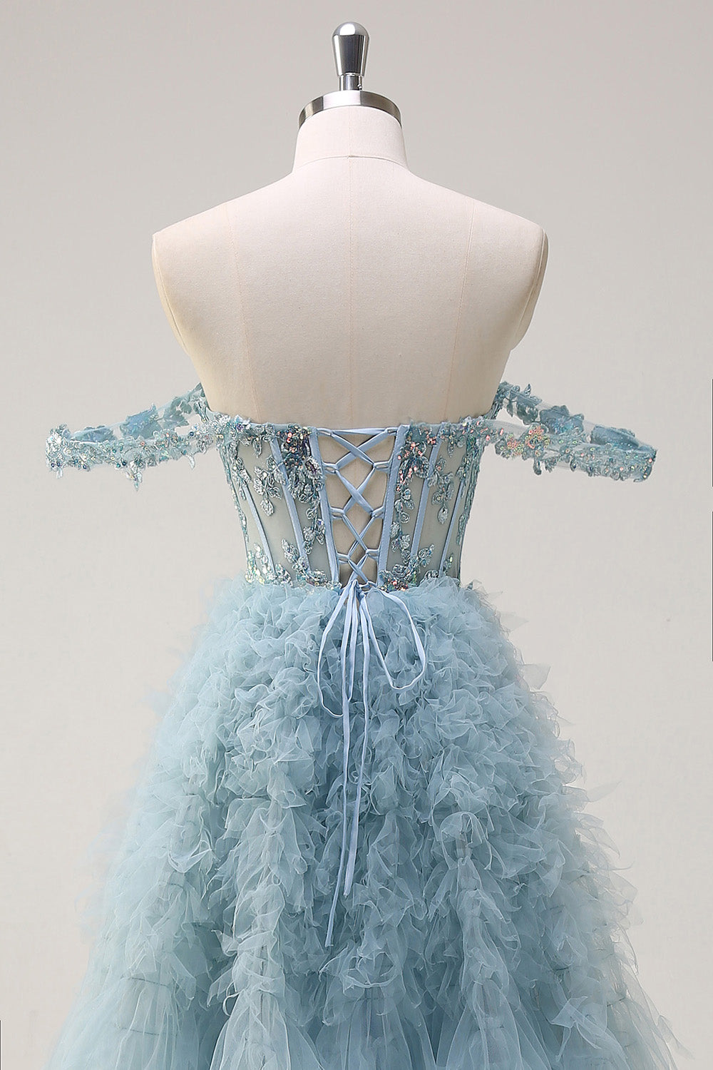 Dusty Blue Princess Off-the-Shoulder Sheer Corset Long Prom Dress with Ruffles