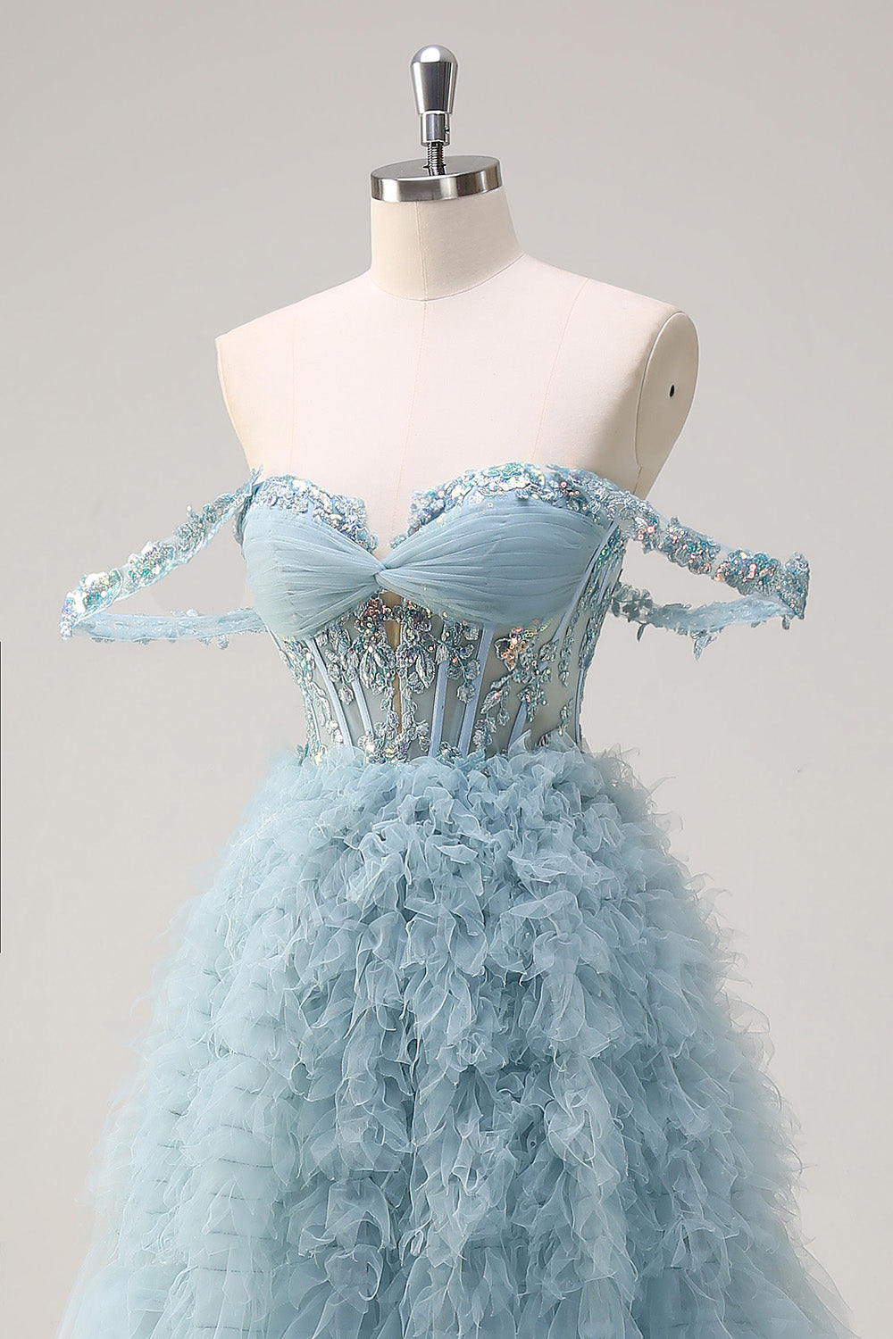 Dusty Blue Princess Off-the-Shoulder Sheer Corset Long Prom Dress with Ruffles