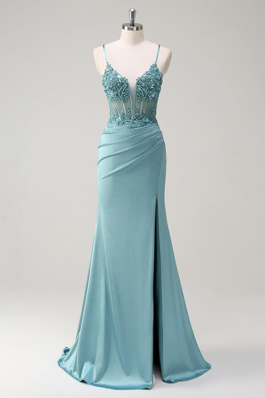 Robe de bal bustier sirène bleu scintillant avec fente