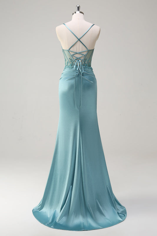 Robe de bal bustier sirène bleu scintillant avec fente