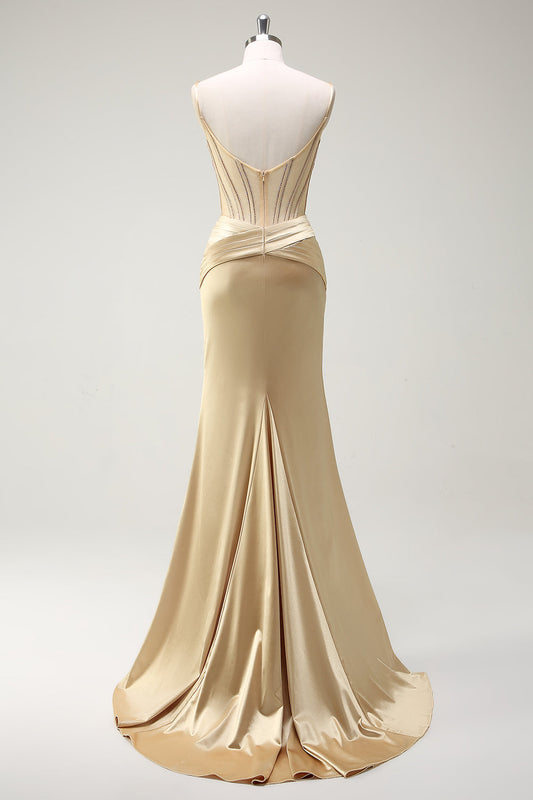 Robe de soirée longue sirène scintillante avec corset doré à fines bretelles et fente