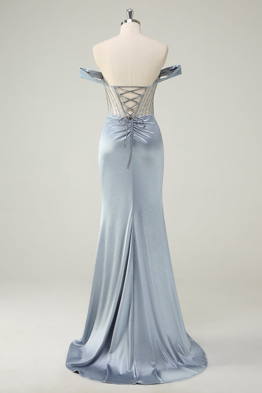 Robe de bal longue bleu poudré de style sirène avec corset et épaules dénudées, fente comprise