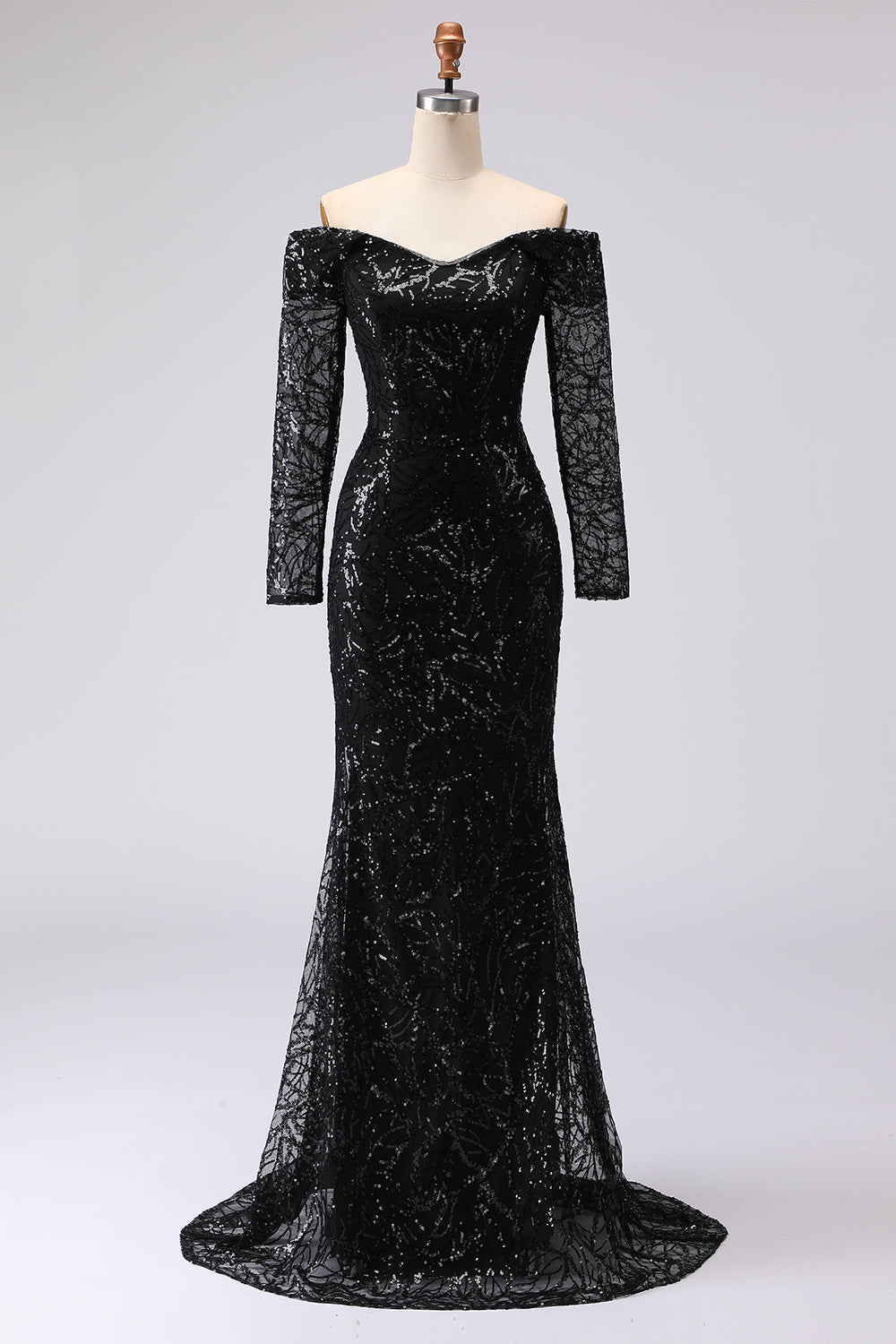 Black Sheath Off-The-Shoulder Mesh and Lace Formal Dress with Long Sleeves