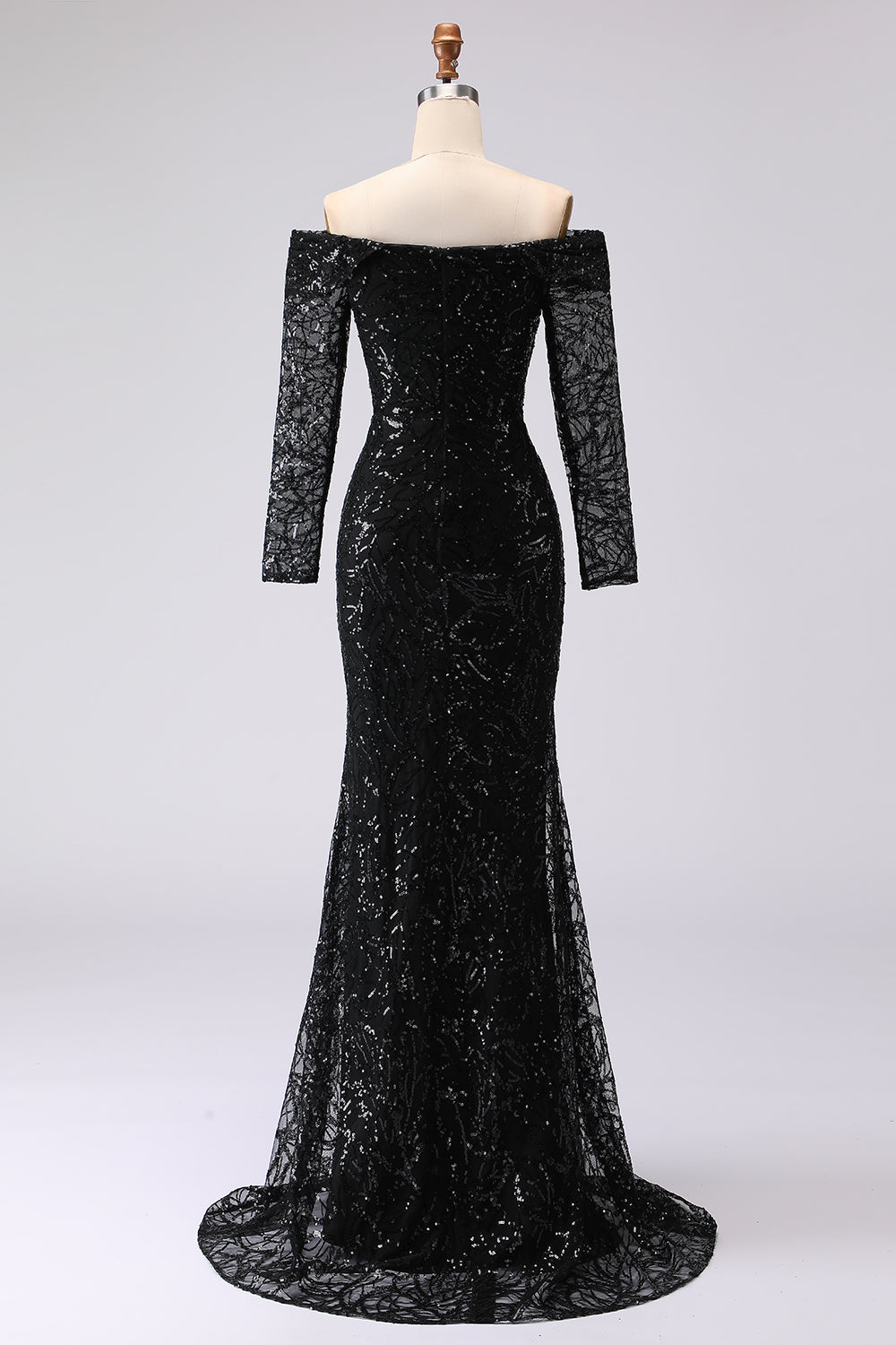 Black Sheath Off-The-Shoulder Mesh and Lace Formal Dress with Long Sleeves