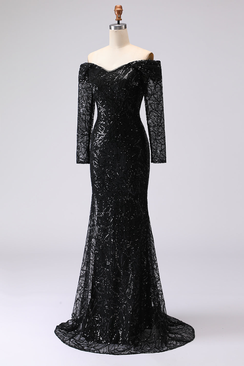 Black Sheath Off-The-Shoulder Mesh and Lace Formal Dress with Long Sleeves