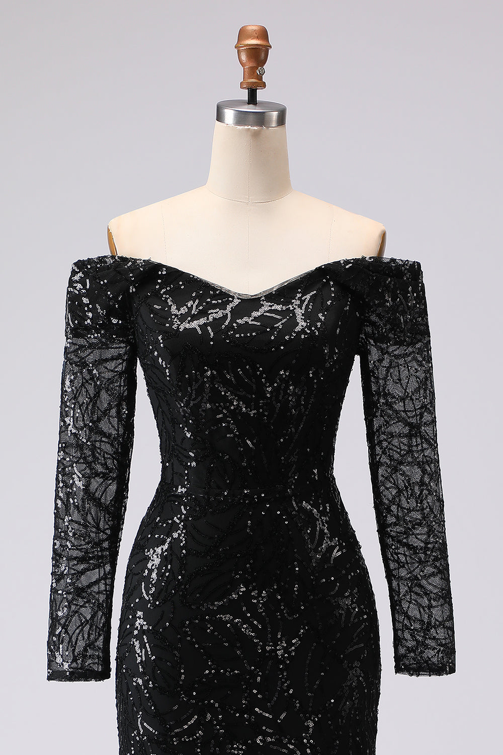 Black Sheath Off-The-Shoulder Mesh and Lace Formal Dress with Long Sleeves