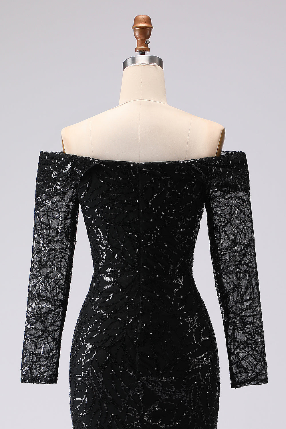Black Sheath Off-The-Shoulder Mesh and Lace Formal Dress with Long Sleeves