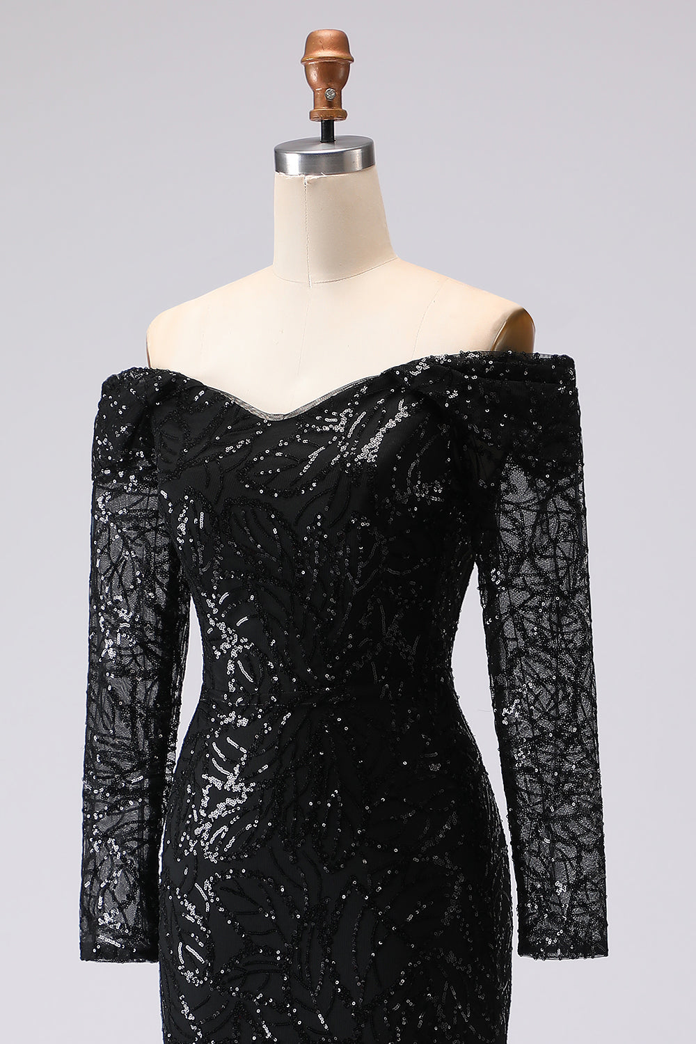 Black Sheath Off-The-Shoulder Mesh and Lace Formal Dress with Long Sleeves