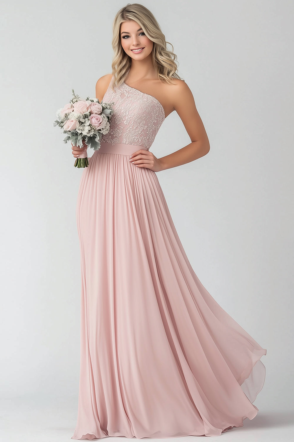 Robe de demoiselle d'honneur trapèze asymétrique en dentelle et mousseline de couleur blush