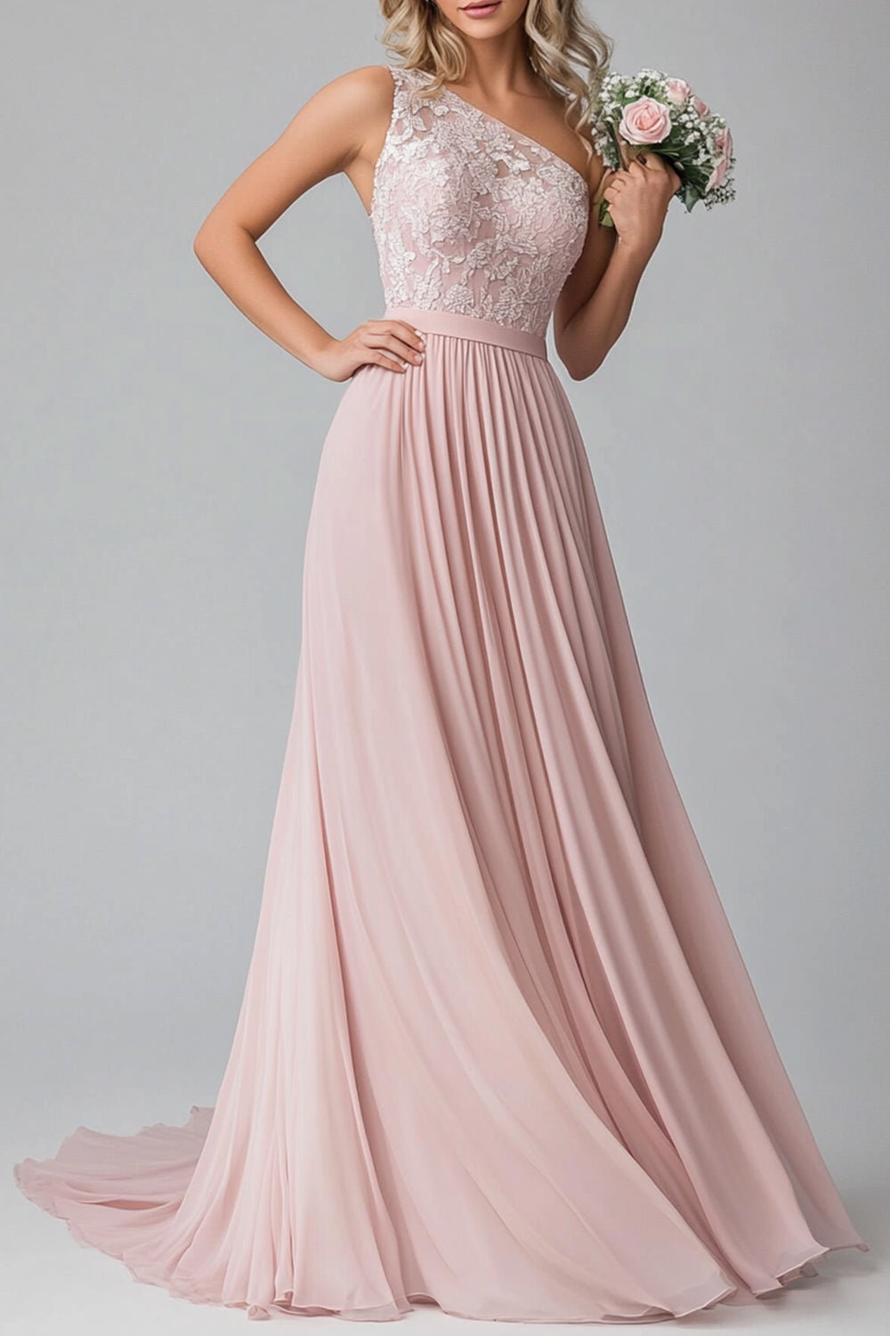 Robe de demoiselle d'honneur trapèze asymétrique en dentelle et mousseline de couleur blush