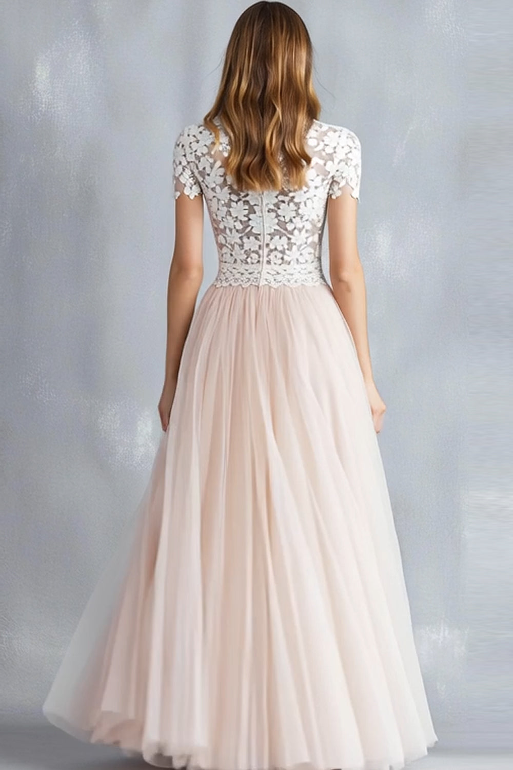Light Pink A-Line Lace Tulle Bridesmaid Dress with Short Sleeves