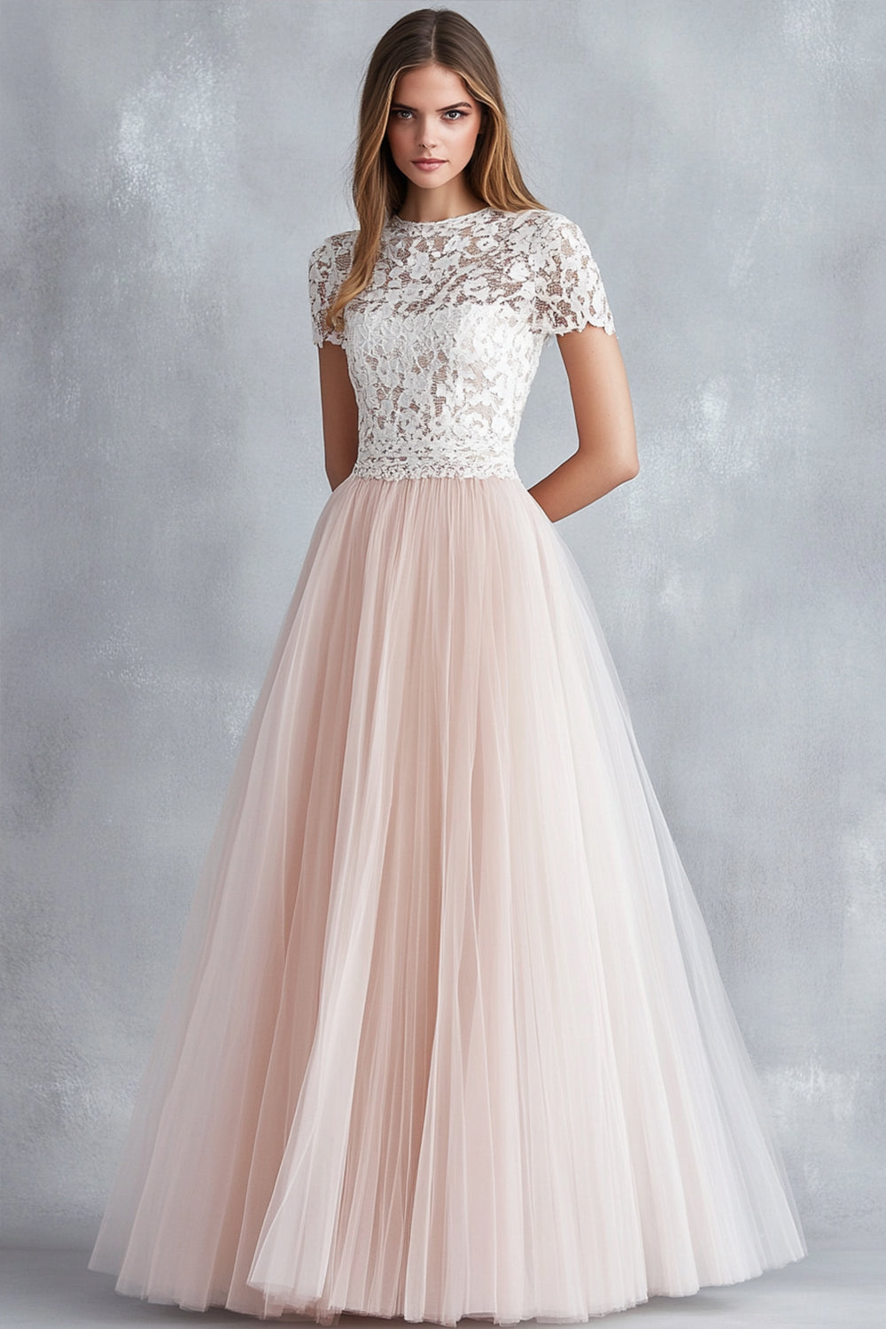 Light Pink A-Line Lace Tulle Bridesmaid Dress with Short Sleeves