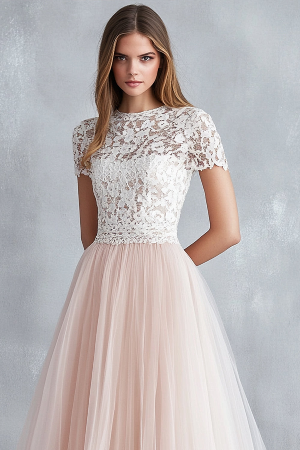 Light Pink A-Line Lace Tulle Bridesmaid Dress with Short Sleeves
