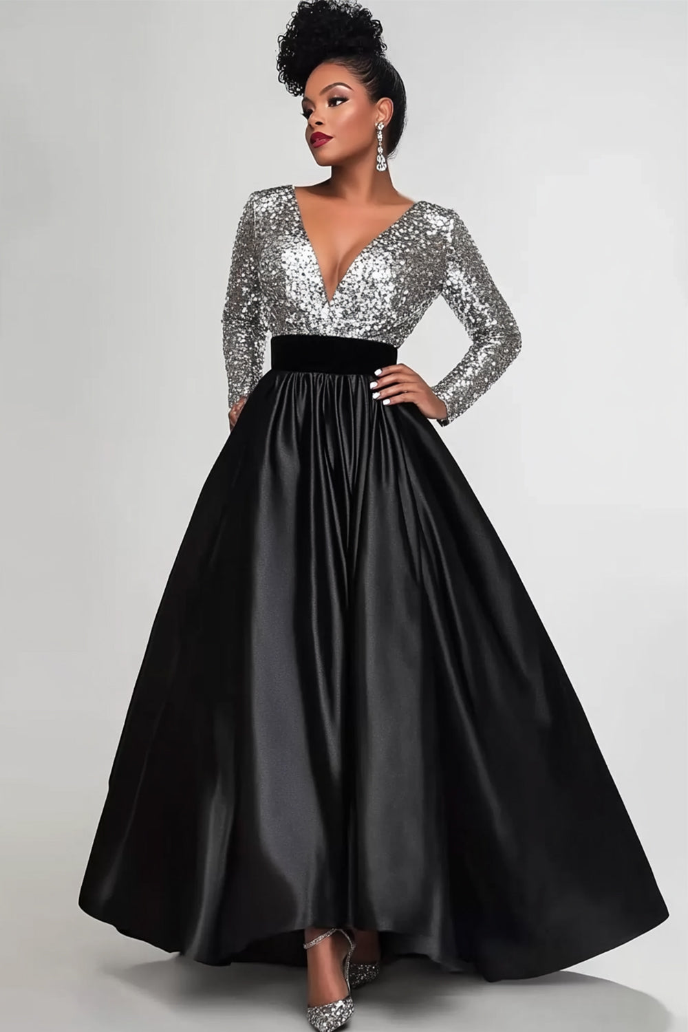 Robe de Mère de la Mariée Longue Ligne A Manches Longues Paillettes Haut Pailleté Noir Argenté