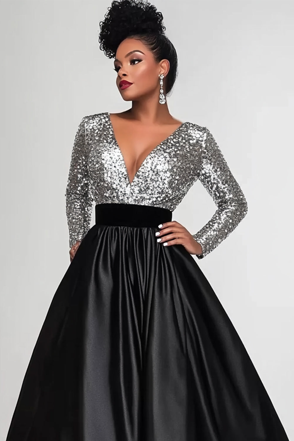 Robe de Mère de la Mariée Longue Ligne A Manches Longues Paillettes Haut Pailleté Noir Argenté