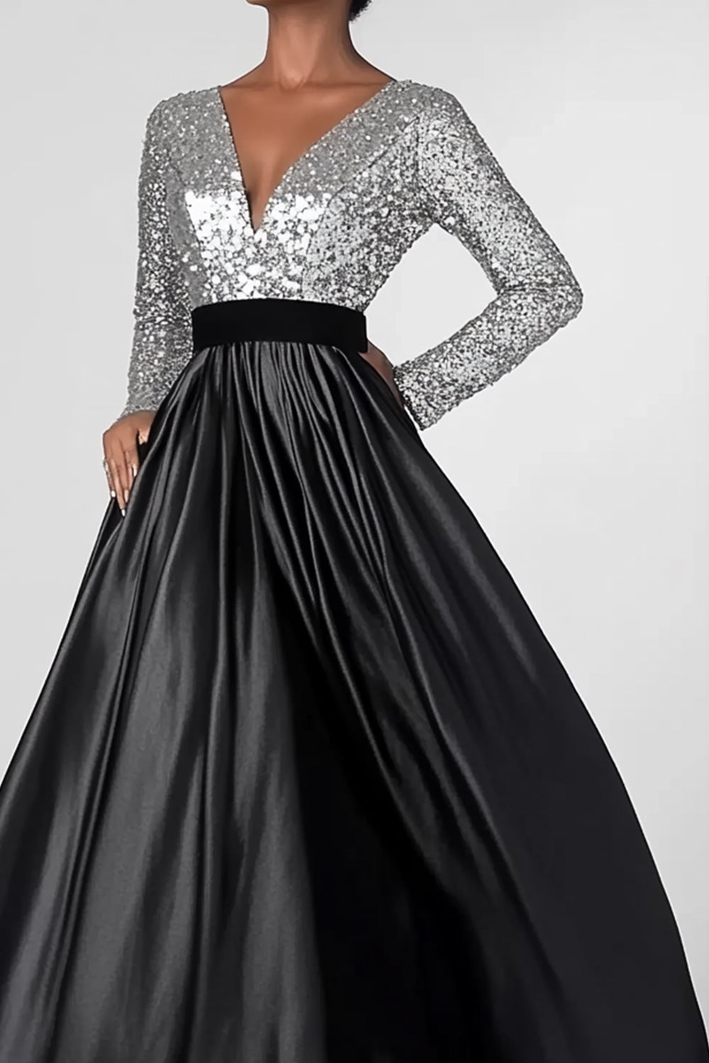 Robe de Mère de la Mariée Longue Ligne A Manches Longues Paillettes Haut Pailleté Noir Argenté