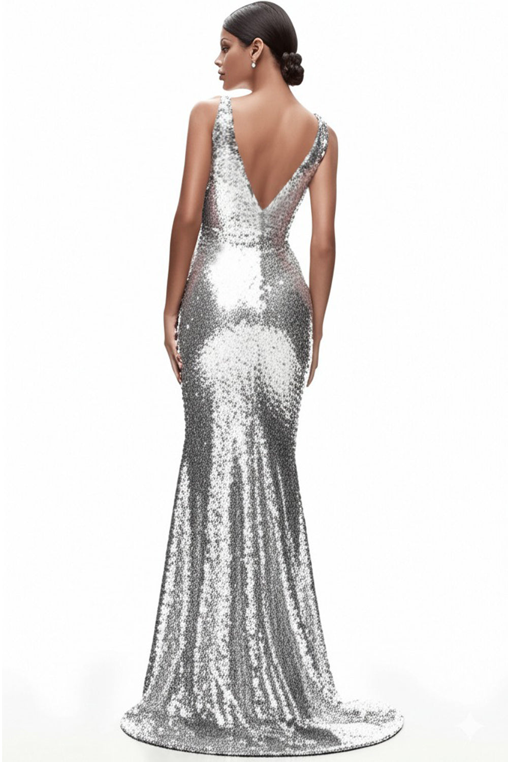 Sparkly Silver V-neck Sequin Mermaid Long Formal Dress