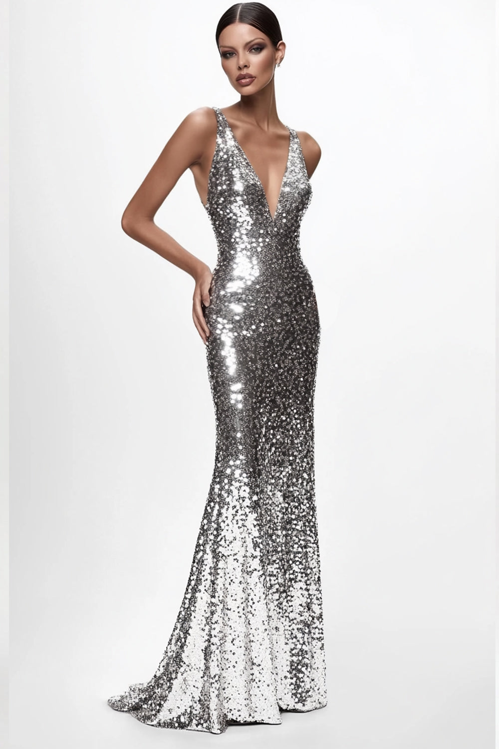 Sparkly Silver V-neck Sequin Mermaid Long Formal Dress