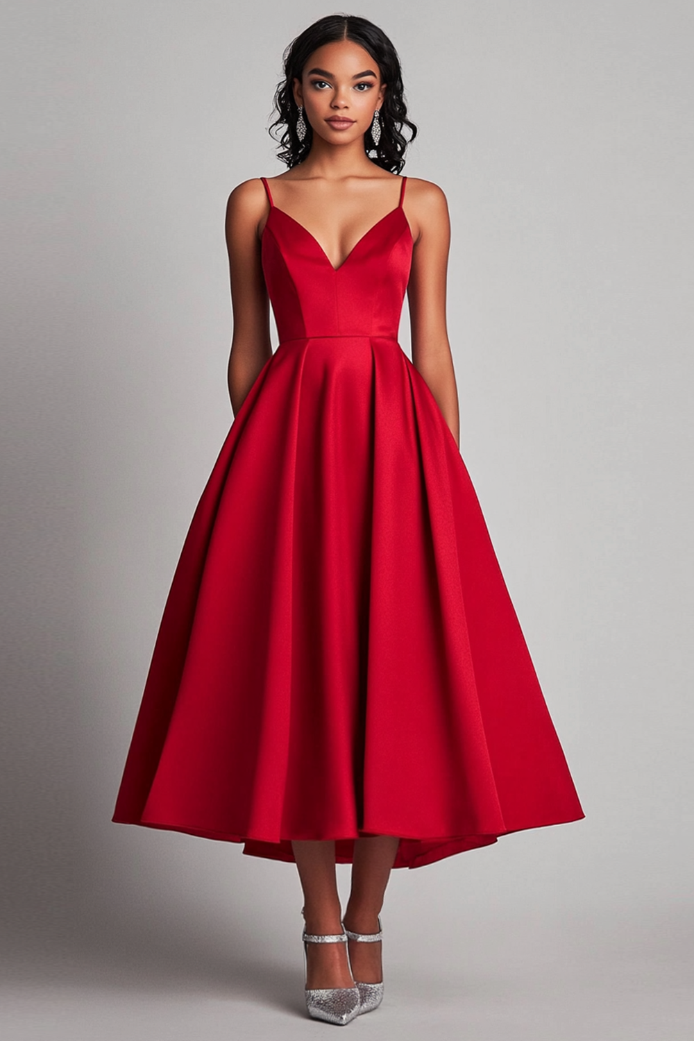 Red Satin A-Line Tea-Length Formal Dress