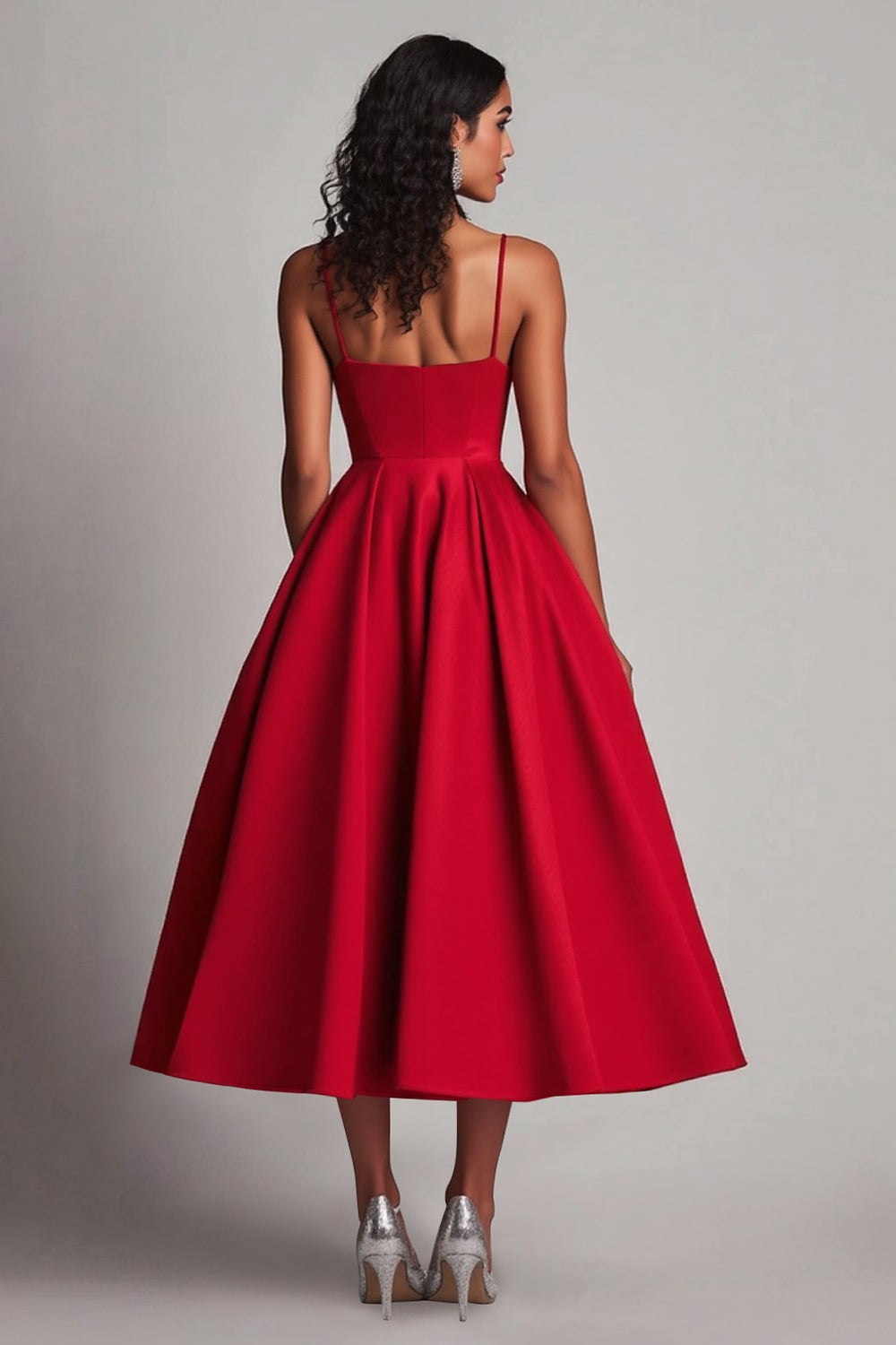 Red Satin A-Line Tea-Length Formal Dress