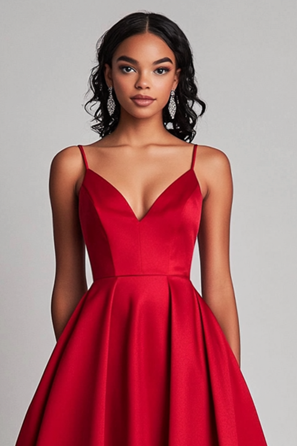 Red Satin A-Line Tea-Length Formal Dress