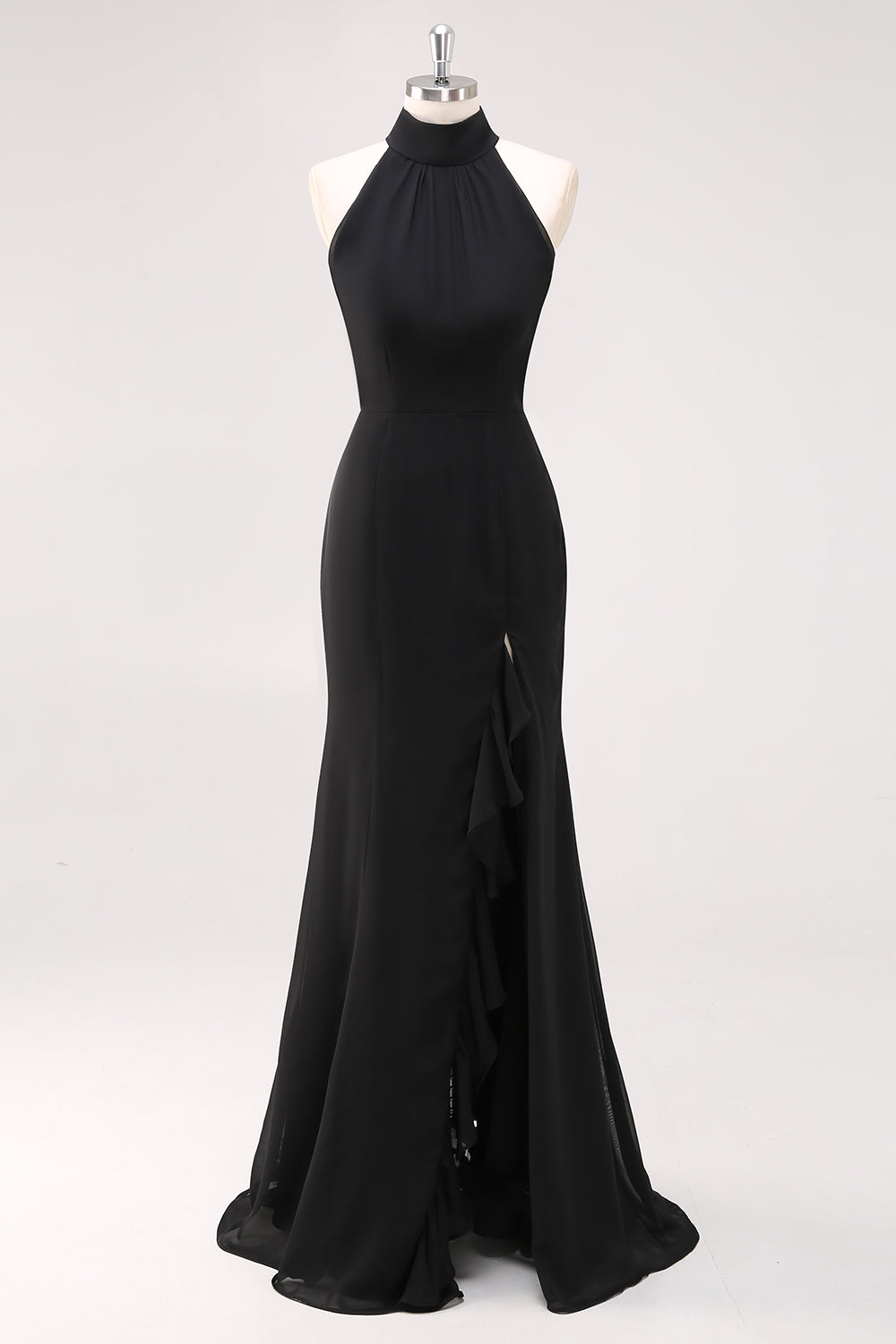 Halter Neck Black Ruffles Mermaid Long Formal Dress with Slit