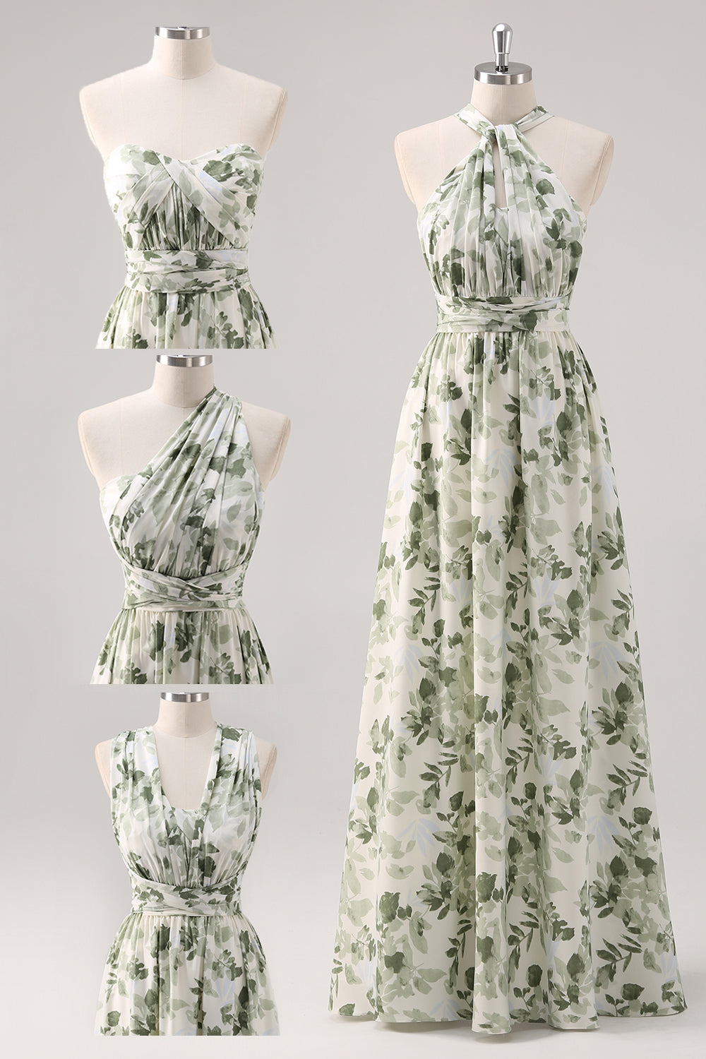 Vestido largo de dama de honor convertible fruncido estampado sin tirantes con corte en A de Green Flower
