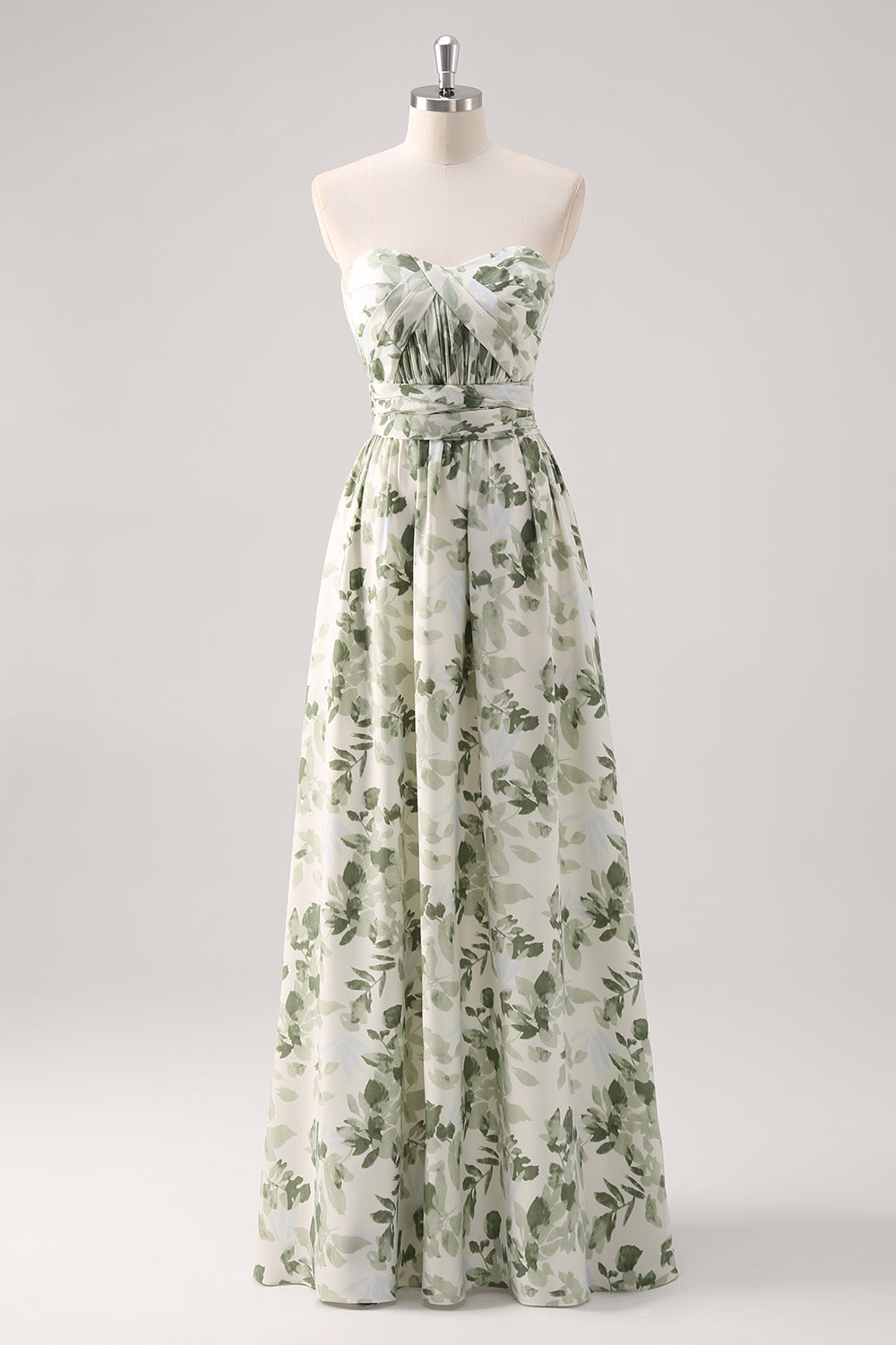 Vestido largo de dama de honor convertible fruncido estampado sin tirantes con corte en A de Green Flower