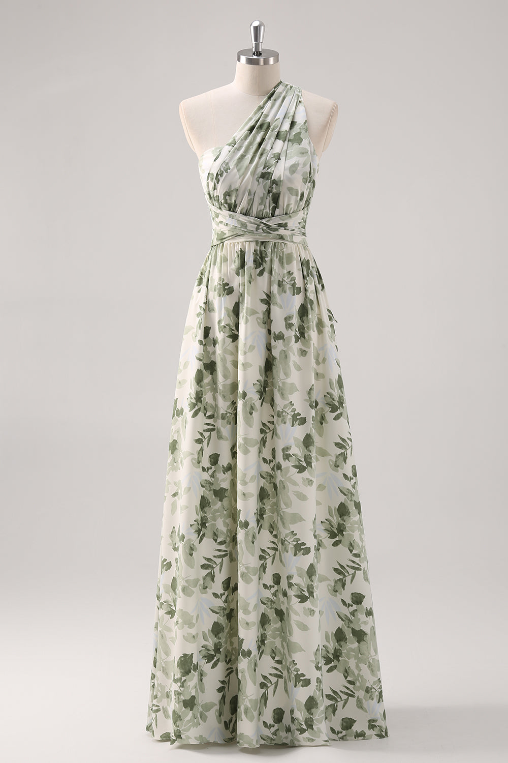 A-Line Ruched Convertible Design Floor Length Green Floral Bridesmaid Dress